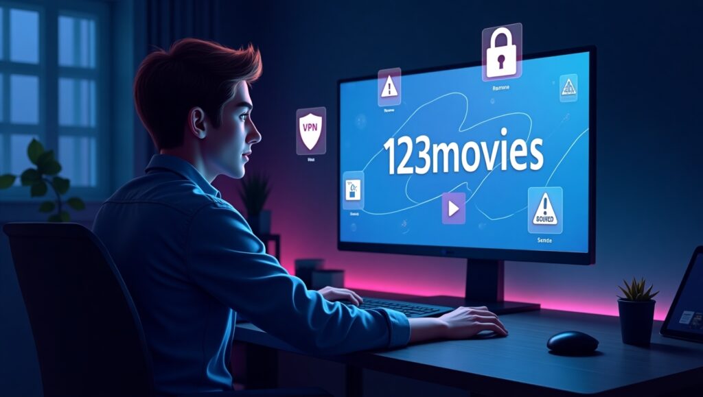 A cinematic, semi-realistic digital illustration of a young adult at a sleek home-office desk, bathed in cool blue and purple LED lighting, watching a widescreen monitor that displays a stylized “123movies Free” streaming interface. Floating around the screen are translucent icons—a film reel, a play button, a VPN shield emblem, a padlock, and a warning triangle—hinting at both entertainment and security risks. The background is dark with subtle neon accents, and the scene has a modern, tech-savvy atmosphere with soft cinematic shadows and reflections.