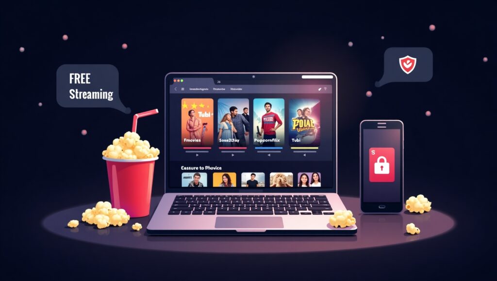 Create a modern, eye-catching illustration for a blog post about free online movie streaming alternatives to 123movies. The scene should include a glowing laptop or smart TV screen displaying a streaming website interface (with thumbnails of movies), surrounded by popcorn, a soda drink, and a smartphone showing a VPN icon. The background should be dark and cinematic, hinting at a home theater vibe. Include subtle logos or text hints for platforms like Tubi, Fmovies, Soap2Day, and Popcornflix (without using real copyrighted logos). The overall tone should feel sleek, secure, and inviting—conveying the themes of entertainment, choice, and safe streaming. Add small elements like a shield icon for safety and a "Free Streaming" label in a soft overlay.