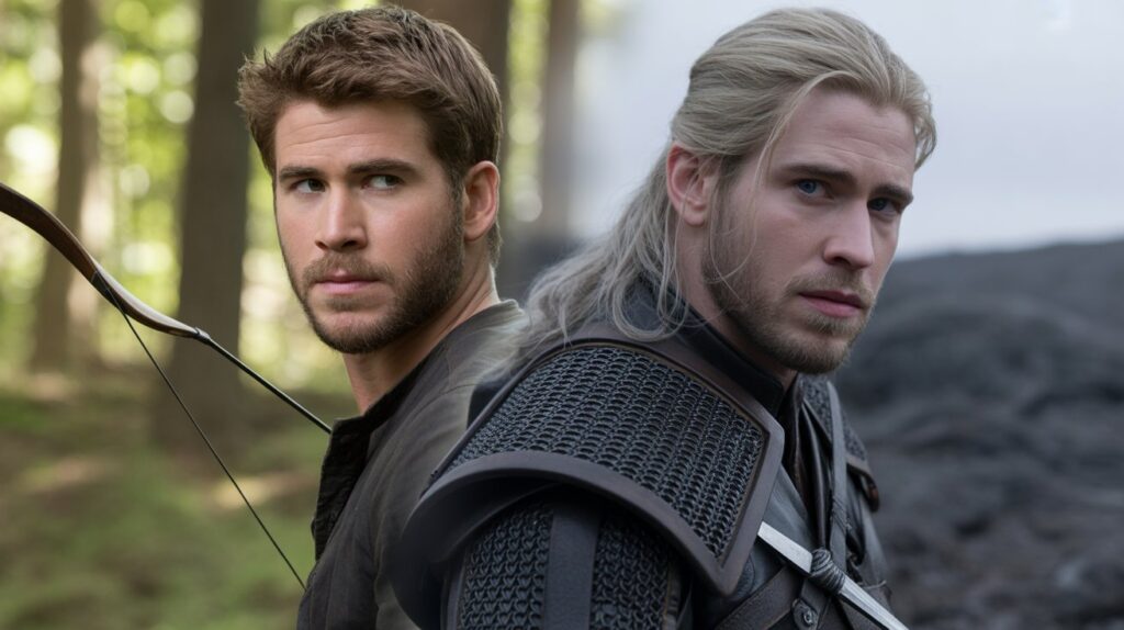 A cinematic composite image of Liam Hemsworth. One side shows him as Gale Hawthorne 3