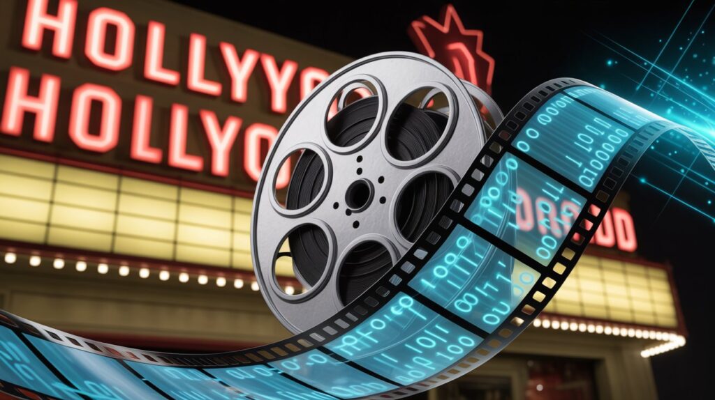 A classic, nostalgic film reel transforming into a flowing, digital stream of ones download 123movies