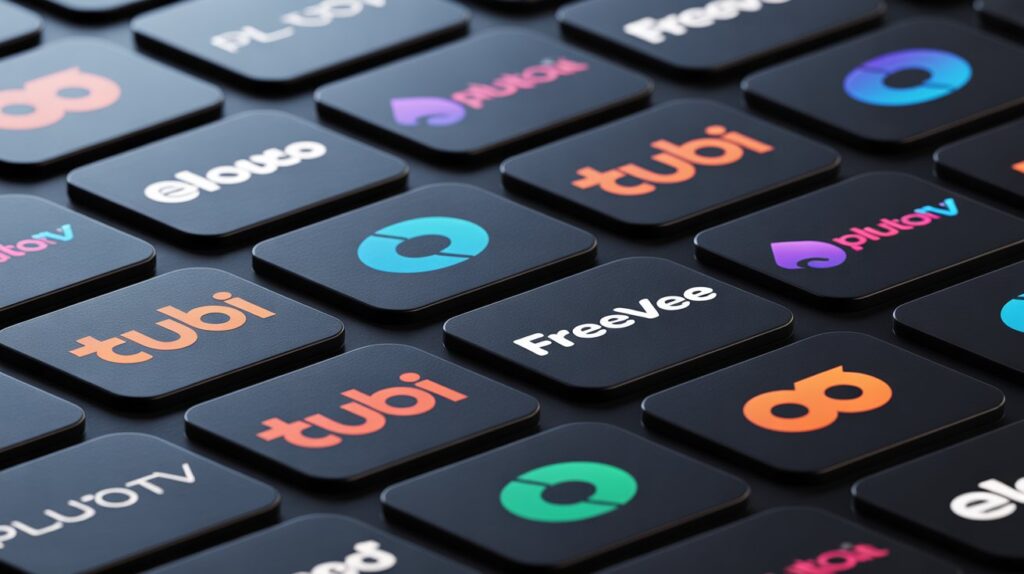 A collage of popular legal streaming service logos (Tubi, Freevee, Pluto TV, etc.) arranged neatly on a dark background. The style is clean, modern, and recognizable. 3