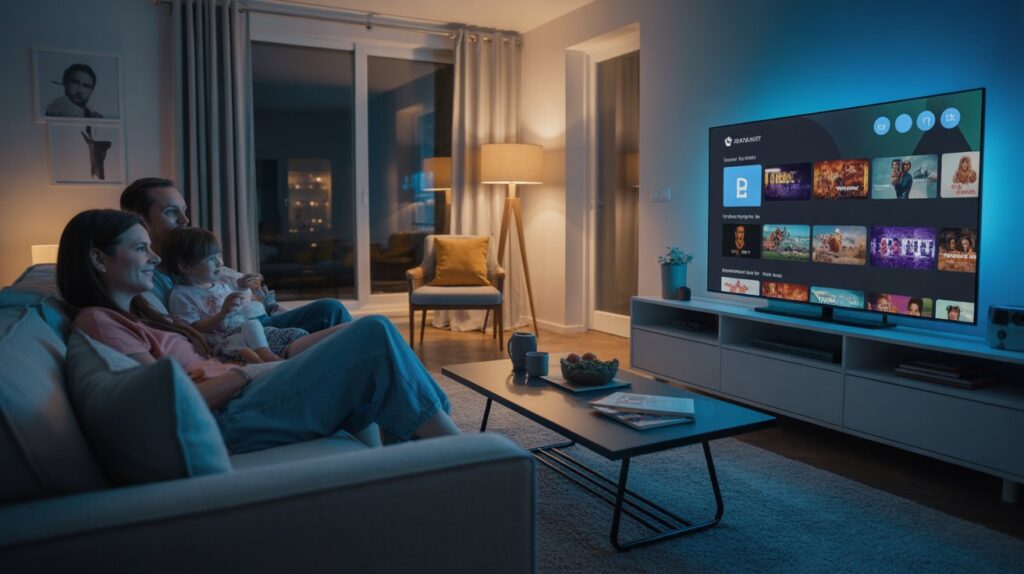 A cozy, modern living room at night. A family is relaxed on a sofa, watching a large, sleek smart TV.