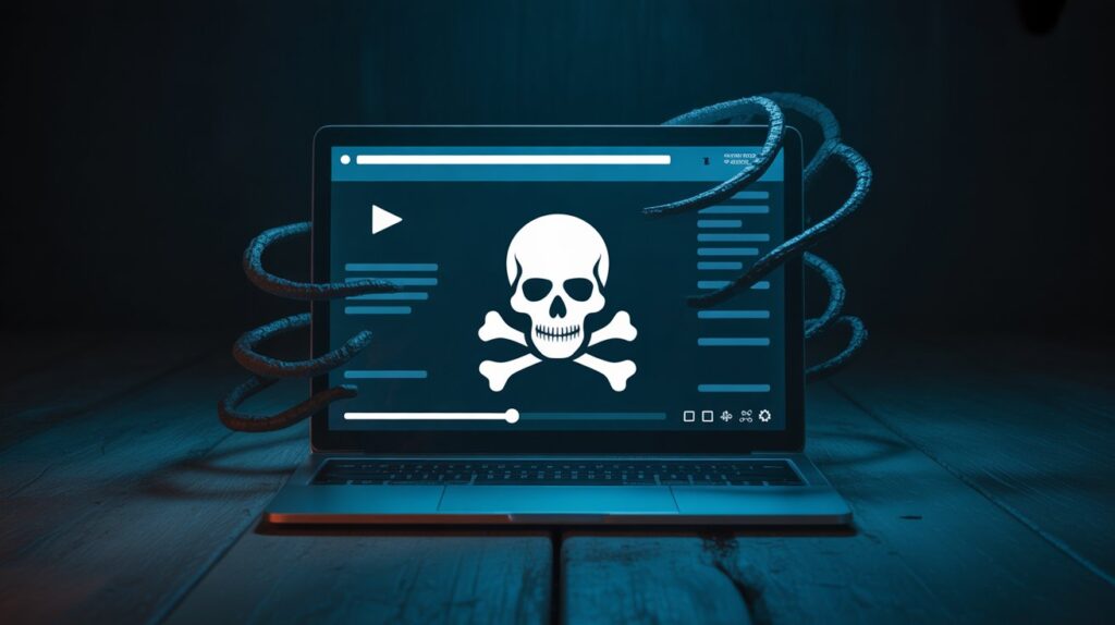 A dark, ominous laptop screen displaying a warning skull-and-crossbones icon overlayed on a movie player3