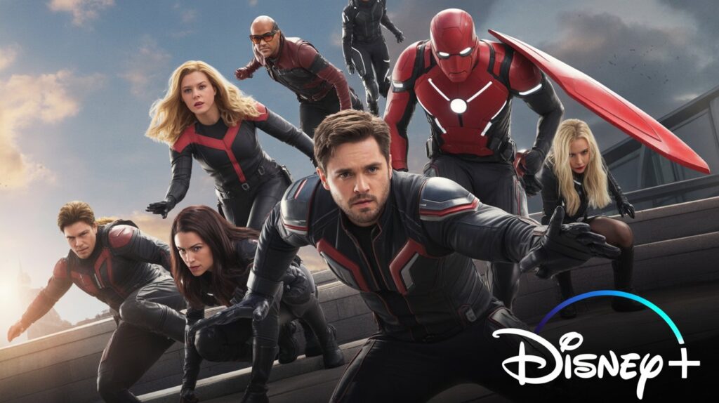  A dynamic, promotional still of the Thunderbolts team (Yelena Belova, Bucky Barnes, Red Guardian, etc.) in a dramatic pose