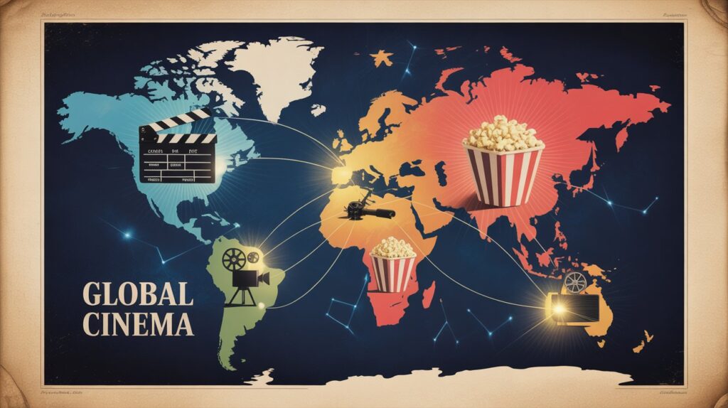 A graphic illustration of a world map with various iconic film symbols (clapboard, popcorn, projector) shining from different continents. Connection lines between them, symbolizing global content.
