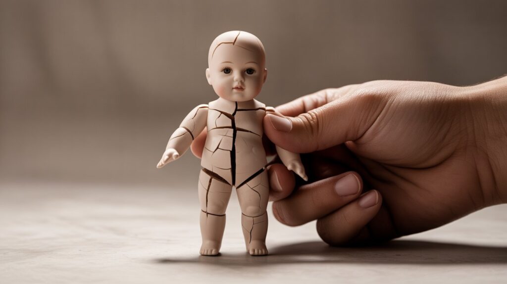 A minimalist, artistic shot of a cracked porcelain doll being carefully mended by a large, gentle hand