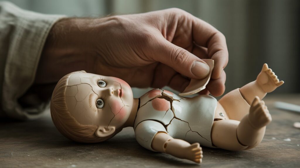 A minimalist, artistic shot of a cracked porcelain doll being carefully mended by a large, gentle hand, symbolizing the Australian Childhood Foundation and healing from trauma.