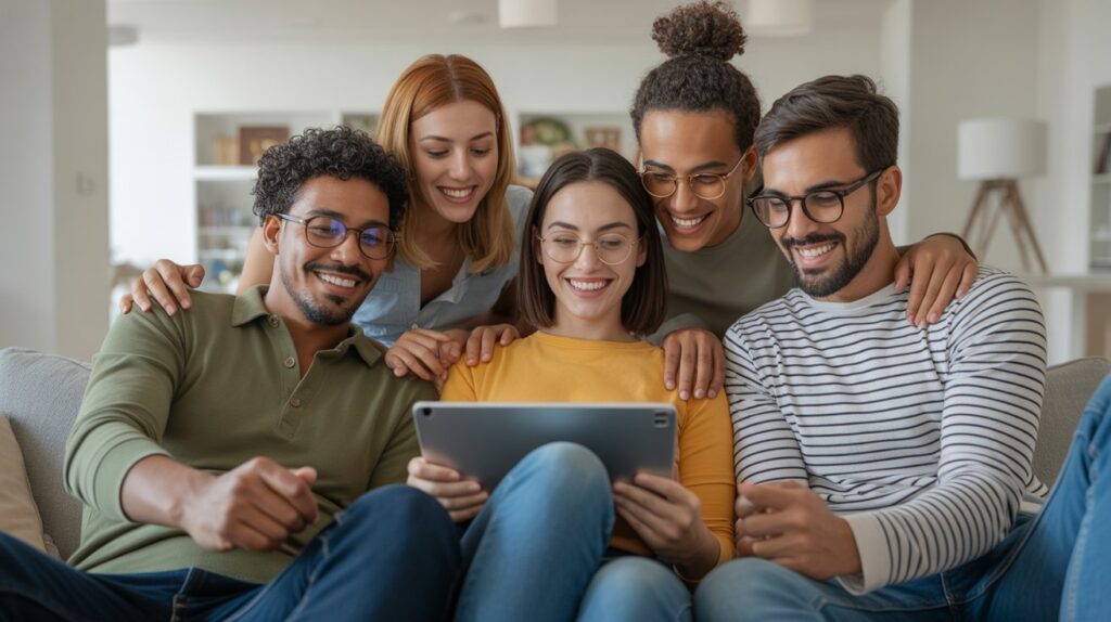 A modern, aspirational scene of a diverse group of friends happily choosing a movie