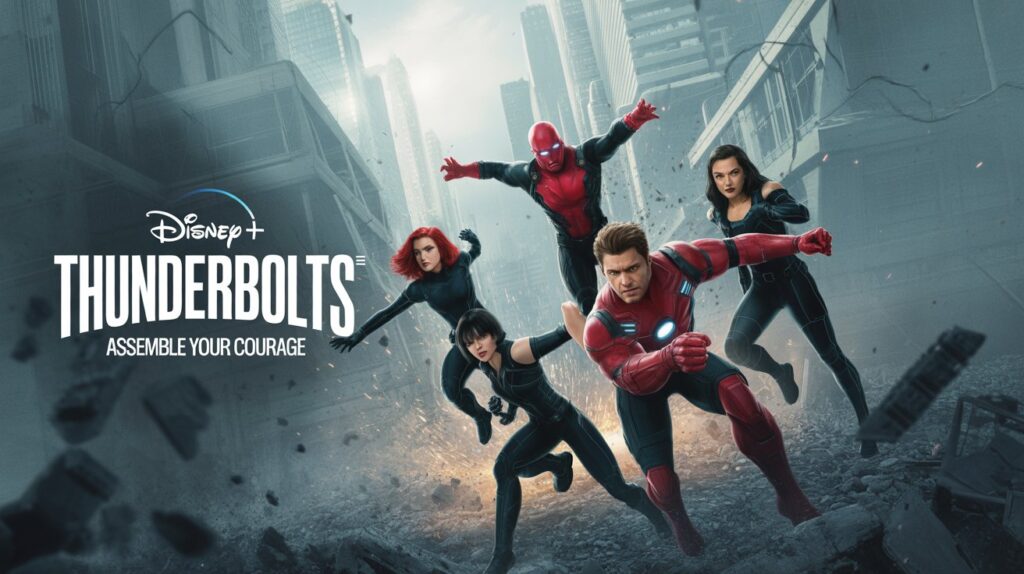 A relatable illustration of a cozy movie night setup a family or friends gathered around a TV Thunderbolts movie
