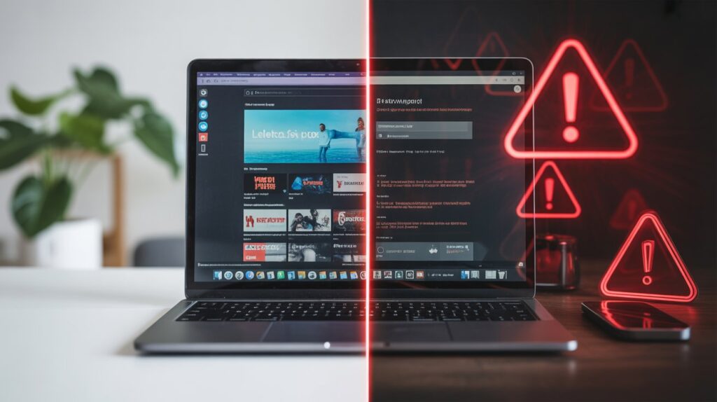 A split image. One side shows a clean, modern laptop with a legitimate streaming site. The other side shows the same laptop with ominous, red warning symbols and pop-ups. Photorealistic