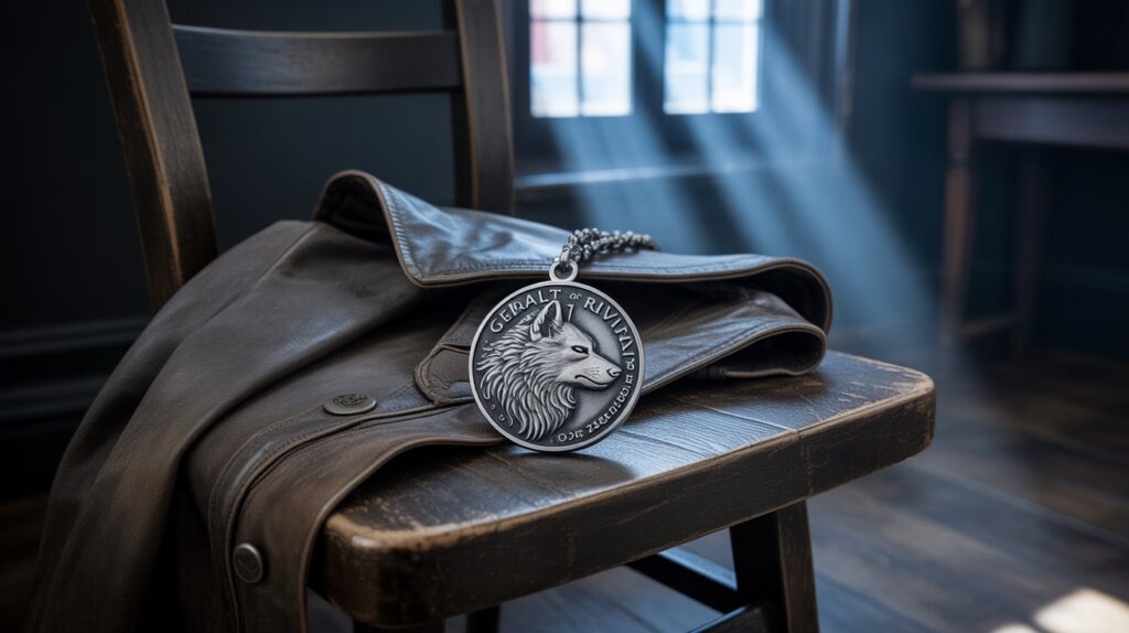 A vibrant photo-realistic image of a 'Geralt of Rivia' style wolf medallion lying on a worn, dark leather jacket, illuminated by a single, dramatic shaft of moonlight. Focus on texture and detail. 