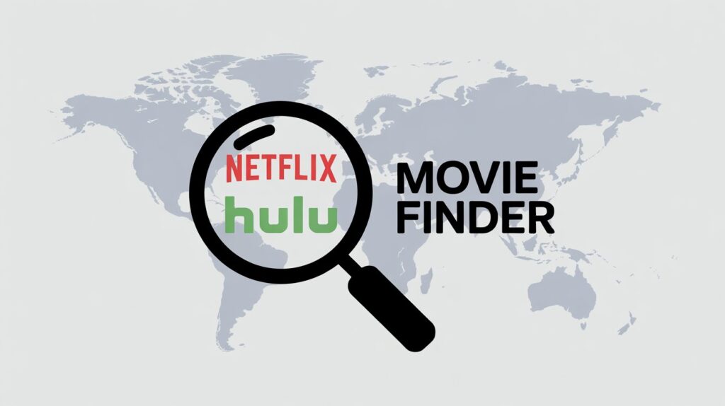 A graphic for the upcoming "Movie Finder" tool. A magnifying glass hovers over a world map, with a streaming service logo inside, representing the tool's ability to help users find where to watch a movie legally.