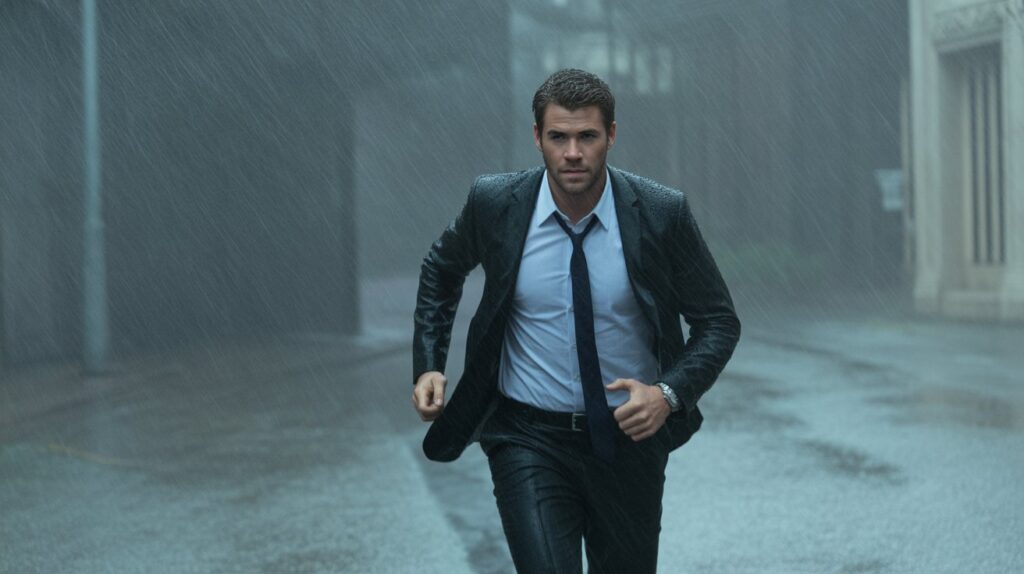 Liam Hemsworth looking determined and running through a stylized, empty city street during a dramatic downpour, representing the intensity of his 'Most Dangerous Game' role. Film noir style, 35mm grain.