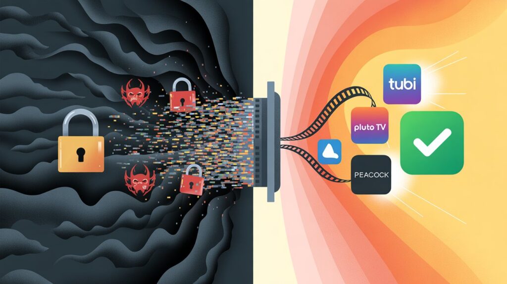 A conceptual illustration showing the stark contrast between illegal and legal streaming. On the left, a broken film reel releases malware icons and pop-ups. On the right, a clean film reel shows logos of safe streaming services like Tubi, Pluto TV, and Peacock.