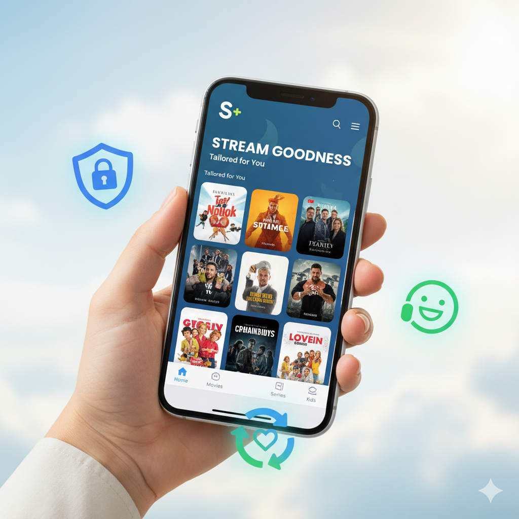 A wide, cinematic hero image of a diverse group of friends and family happily watching a large, ultra-high-definition smart TV in a cozy, modern living room at night. The room is warm and inviting, with comfortable sofas and subtle mood lighting. On the TV screen, display a vibrant, colorful mosaic of iconic characters and scenes from popular movies and TV shows. The overall feeling is safe, legal, joyful, and high-quality.