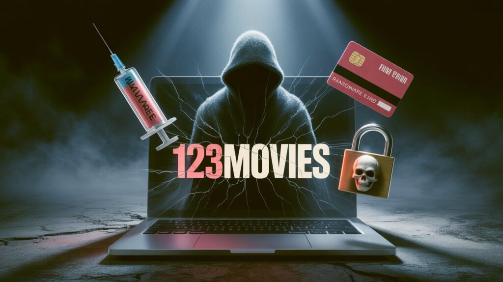 A dark, dramatic digital painting of a cloaked figure emerging from a laptop screen with a glitchy 123Movies logo. The figure holds a syringe, a lock, and a credit card, symbolizing the dangers of malware, data theft, and ransomware from illegal streaming sites.