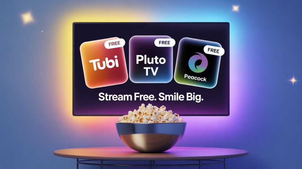 A digital illustration of a TV screen with a bright, welcoming interface. Around the screen, the logos for popular legal and free streaming services like Tubi, Pluto TV, and Peacock are floating, highlighting safe and easy-to-use alternatives.