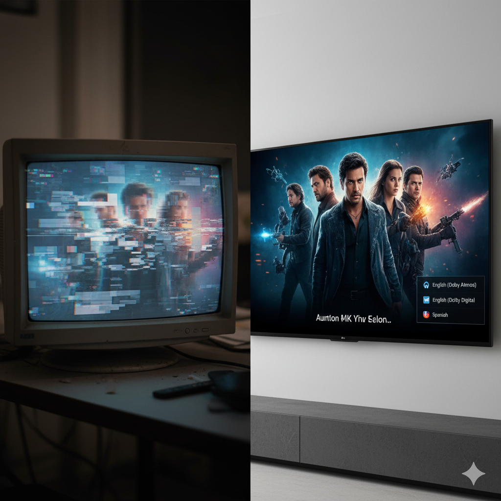 A wide, cinematic hero image of a diverse group of friends and family happily watching a large, ultra-high-definition smart TV in a cozy, modern living room at night. The room is warm and inviting, with comfortable sofas and subtle mood lighting. On the TV screen, display a vibrant, colorful mosaic of iconic characters and scenes from popular movies and TV shows. The overall feeling is safe, legal, joyful, and high-quality.