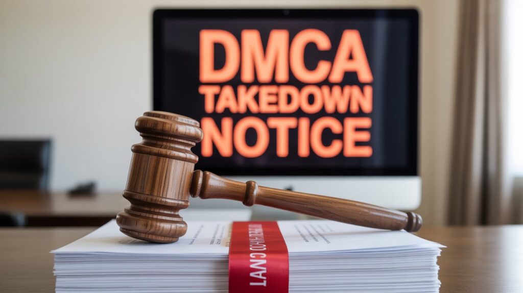 A judges gavel, law documents, and a computer screen with a warning sign, symbolizing copyright enforcement and DMCA