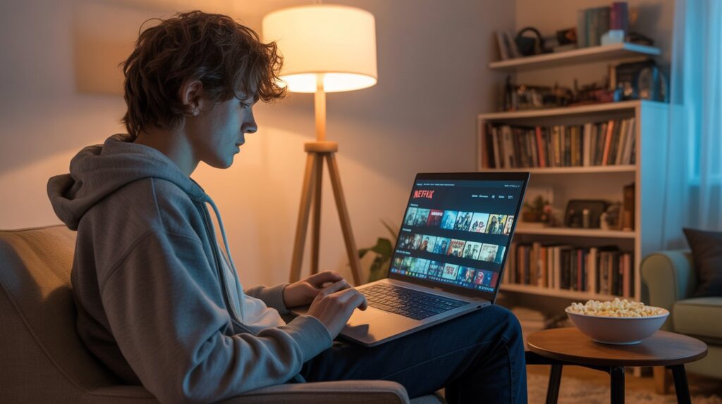 Young person sitting at home with a laptop open on a desk, browsing a movie streaming site, popcorn beside them, cozy atmosphere, focus on screen glow.