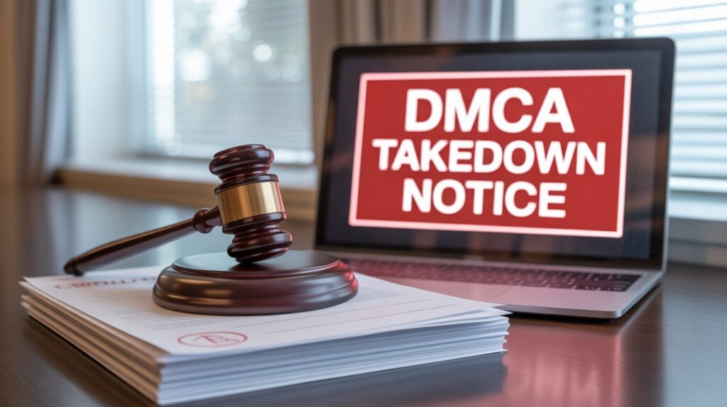 a computer screen with a warning sign, symbolizing copyright enforcement and DMCA takedown notices download
