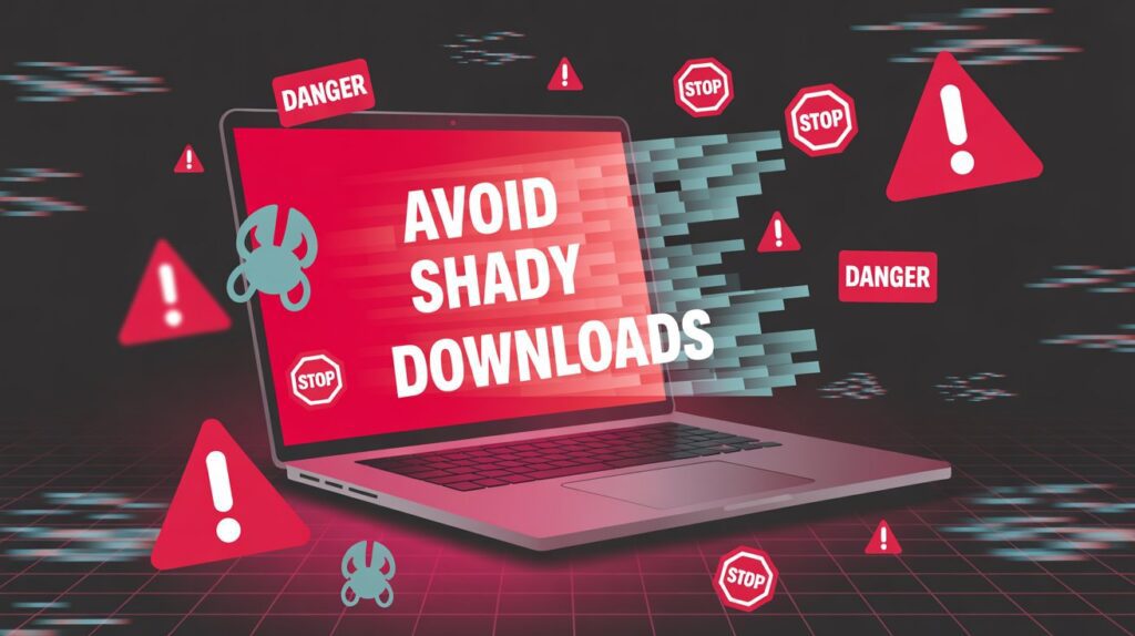 Conceptual cyber image showing a laptop surrounded by warning symbols, pop-ups, malware icons, and red danger alerts, symbolizing unsafe downloads from shady movie sites.
