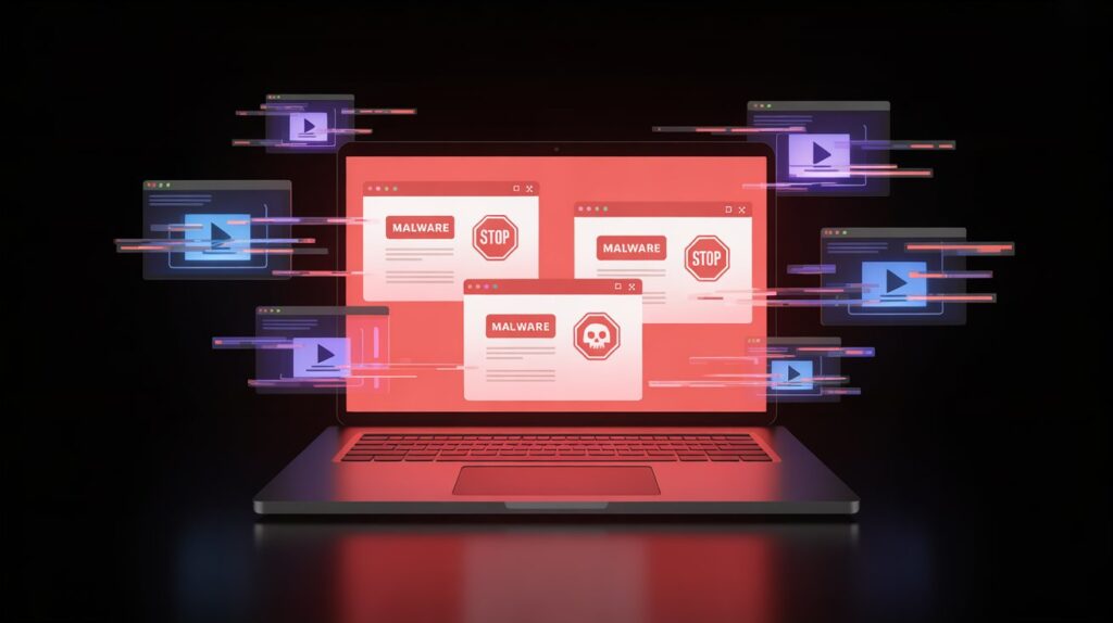 a laptop surrounded by warning symbols, pop-ups, malware icons, and red danger alerts, symbolizing unsafe downloads from shady movie sites